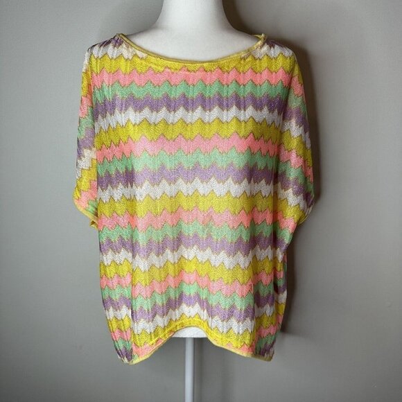 John P Greece Womens Colorful Striped Cap Sleeve Short Sleeve Hi Lo Top L - Picture 1 of 9